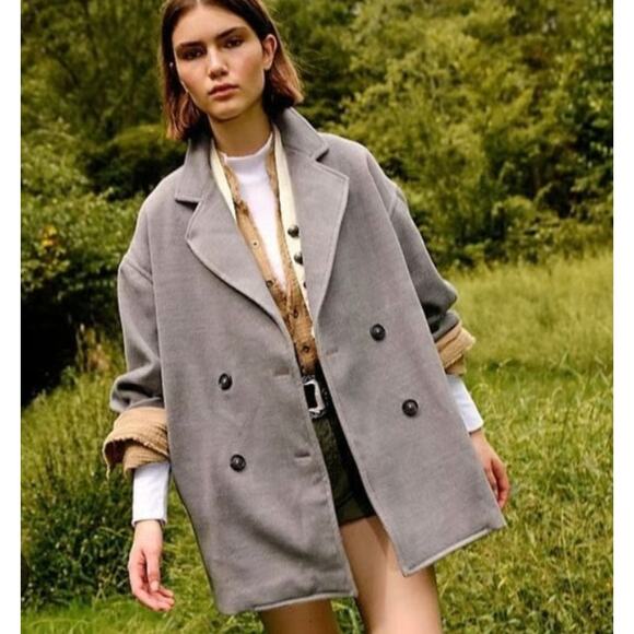 Free People Hannah Gray Coat Slouchy Double Breasted Pea Coat Blazer Medium - Picture 5 of 10
